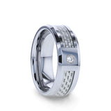 Tungsten wedding ring with white carbon fiber inlay, diamond setting and beveled...