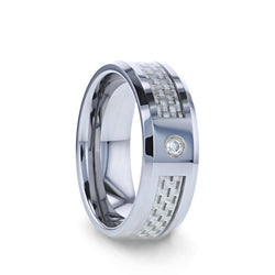 Tungsten wedding ring with white carbon fiber inlay, diamond setting and beveled edges