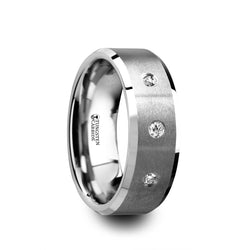 Satin finish Tungsten Carbide wedding ring with 3 white diamond settings and beveled edges. Tungsten is one of the toughest metals.