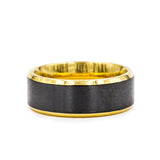 Black Zirconium wedding band with brushed black center, gold plated beveled edges...