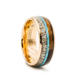 Rose Gold Plated domed men's wedding band with featuring a triple inlay consisting of koa wood, turquoise and ethically sourced deer antler. 