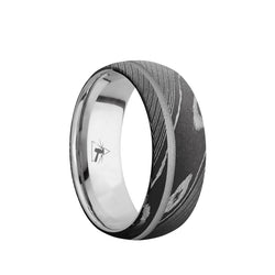 Damascus Steel domed men's wedding band with an off-center silver groove in an acid wash or polished finish featuring a Titanium sleeve.