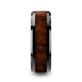 Black Ceramic men's wedding ring with red oak wood inlay and beveled...