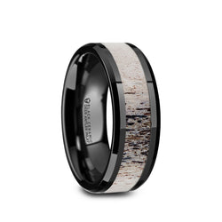 Black Ceramic men's wedding ring with ombre antler inlay and beveled edges