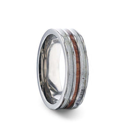 Titanium men's wedding band with double antler inlay, wood center and flat edges.