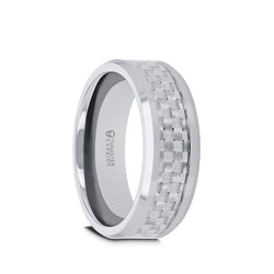 Tungsten men's wedding band with polished finish, beveled edges and white carbon fiber inlay.