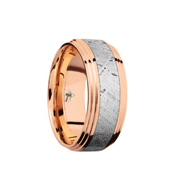 14K Rose Gold or 14K Yellow Gold men's wedding band with 4mm of meteorite inlay and polished, double step edges. 