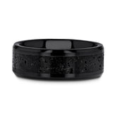 Ceramic men's wedding band with black and gray lava rock stone inlay...