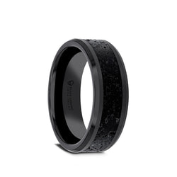 Ceramic men's wedding band with black and gray lava rock stone inlay and beveled edges. 