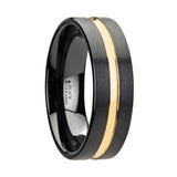 Black Ceramic wedding ring with brushed finish and yellow gold groove