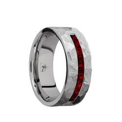 Titanium flat men's wedding band with a channel of 9 square cut .06 carat dark rubies featuring a rock finish.