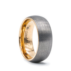 Tungsten Carbide domed men's wedding band with brushed center featuring a rose gold plated sleeve.