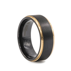 Black Zirconium flat men's wedding band with brushed center featuring rose gold plated, stepped edges.
