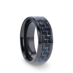 Black Titanium wedding ring with black and blue carbon fiber inlay and beveled edges. 