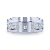 Tungsten wedding ring with white carbon fiber inlay, diamond setting and beveled...