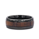 Black Tungsten Carbide wedding ring with koa wood inlay and polished rounded...
