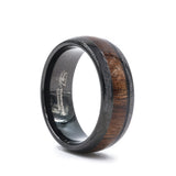 Black Tungsten Carbide wedding ring with koa wood inlay and polished rounded...