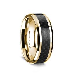 14K Gold men's wedding band with black carbon fiber inlay and beveled edges.