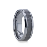 Tungsten men's wedding ring with meteorite inlay and beveled edges.