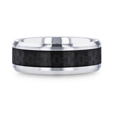 Tungsten wedding band with beveled edges and black carbon fiber inlay.
