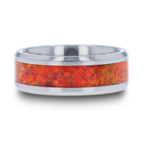 Tungsten men's wedding band with red opal inlay and beveled edges.