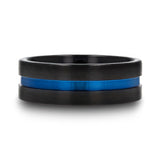Black Ceramic flat men's wedding ring with grooved blue center and brushed...