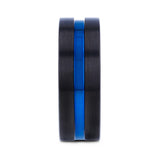 Black Ceramic flat men's wedding ring with grooved blue center and brushed...