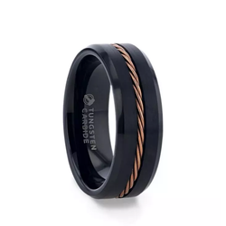 Black tungsten men's wedding ring with a rose gold braided center and beveled edges.