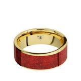10K Gold flat men's wedding ring with fire red coral inlay.