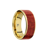 10K Gold flat men's wedding ring with fire red coral inlay.