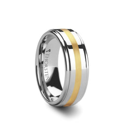 Tungsten men's wedding ring with raised center and gold inlay.