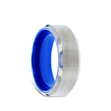 Titanium wedding ring with blue interior, brushed center, and beveled edges. 