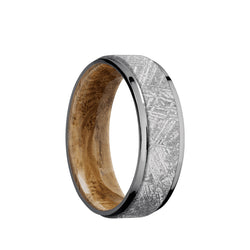 Tantalum men's wedding band with 5mm of authentic meteorite and stepped edges featuring a whiskey barrel sleeve.