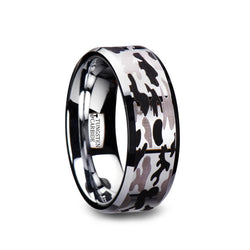 Beveled Tungsten Carbide ring with black and gray camo pattern