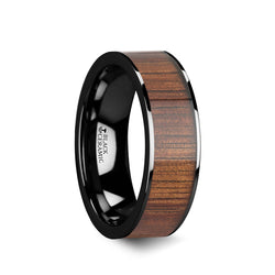 Black Ceramic flat men's wedding ring with koa wood inlay and polished finish