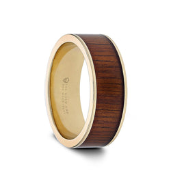 14K Gold pipe cut wedding ring with rare koa wood inlay