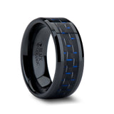 Black Ceramic men's wedding band with blue and black carbon fiber inlay...