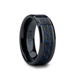 Black Ceramic men's wedding band with blue and black carbon fiber inlay and beveled edges