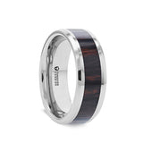 Flat Tungsten Carbide ring with mahogany obsidian wood inlay and polished edges