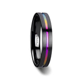 Black Ceramic flat men's wedding ring with polished rainbow stripe