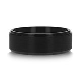 Black Titanium wedding ring with raised brushed finish center and beveled edges