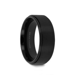 Black Titanium wedding ring with raised brushed finish center and beveled edges.