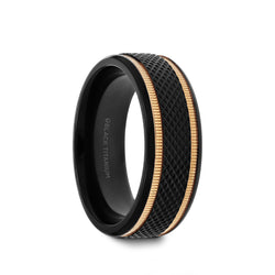 Gold Plated Black Titanium wedding band with diamond pattern brushed finish and gold milgrain grooves.