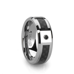 Tungsten wedding ring with black carbon fiber inlay, black diamond setting and beveled edges