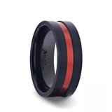 Brushed, black titanium men's wedding ring and red aluminum grooved center with...