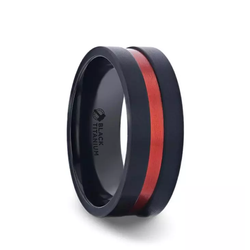 Brushed, black titanium men's wedding ring and red aluminum grooved center with flat edges.