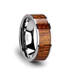 Flat Tungsten Carbide ring with exotic mahogany hard wood inlay and polished edges