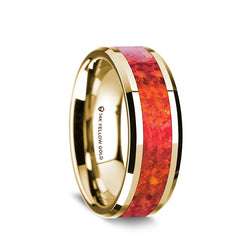 14K Gold men's wedding band with red opal inlay and beveled edges
