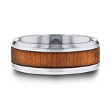 Tungsten Carbide ring with black cherry wood inlay and polished, beveled edges.