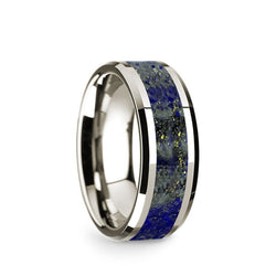 14K White Gold wedding band with lapis lazuli inlay and beveled edges